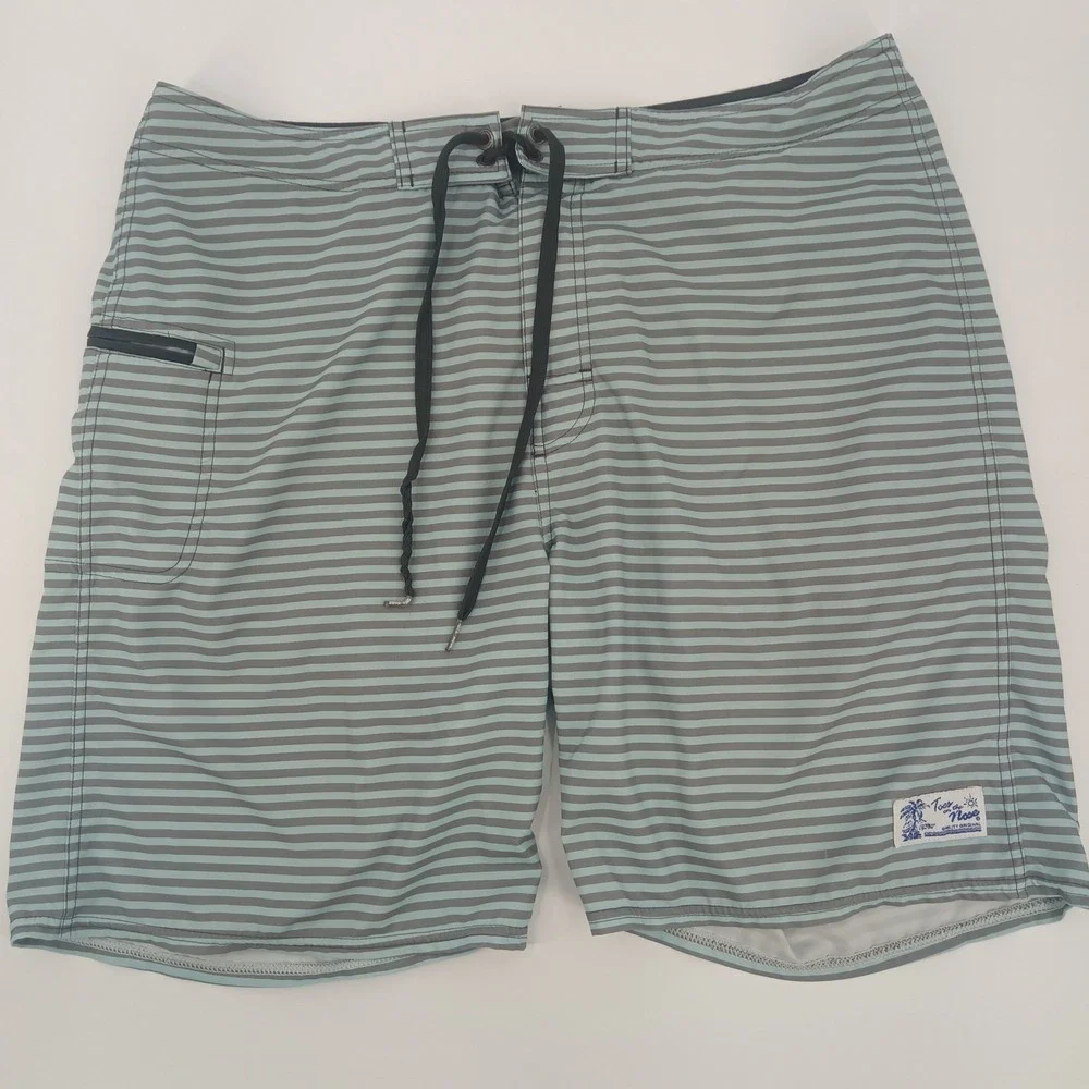 Toes on the Nose Mens Striped Board Shorts Grey Blue Size 36 Swim Trunks Pocket‎